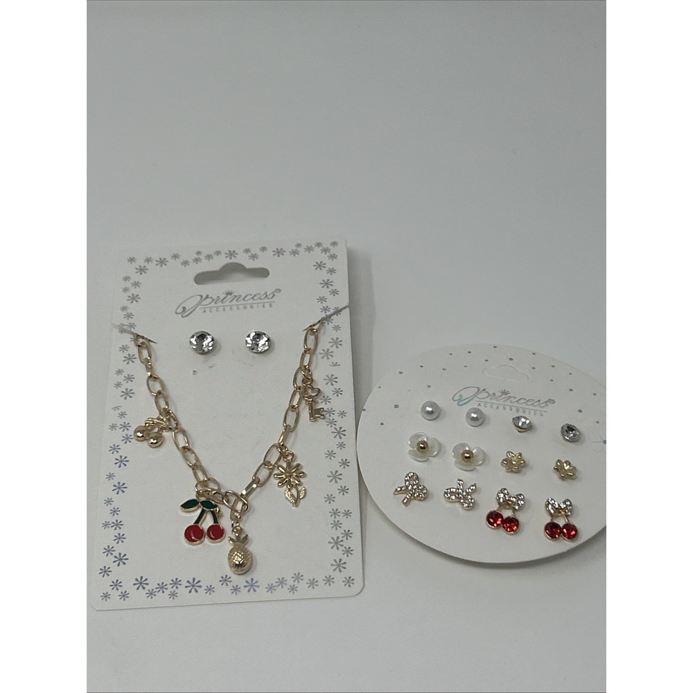 8 NWT Cherry Themed Necklace & Earrings Princess Accessories Gold Tone Jewelry 1